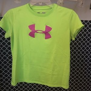 neon green with purple logo under armour tee